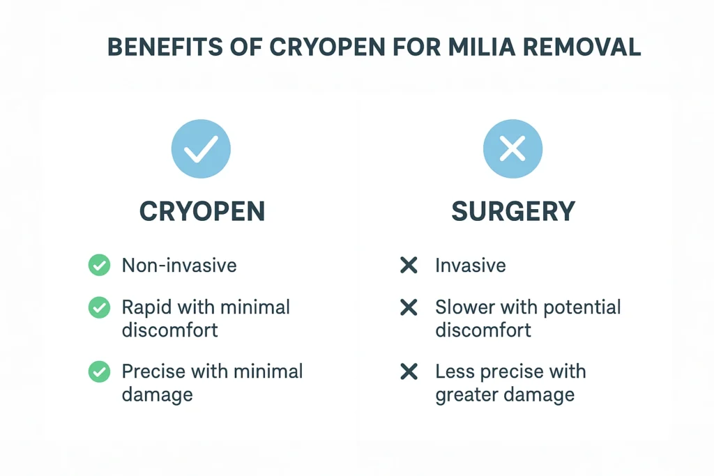 Benefits of cryopen for milia removal Oxford compared to surgical treatments.