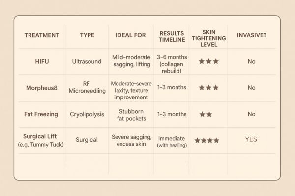 Table showing the comparisons of Skin tightening Oxford treatment options. 